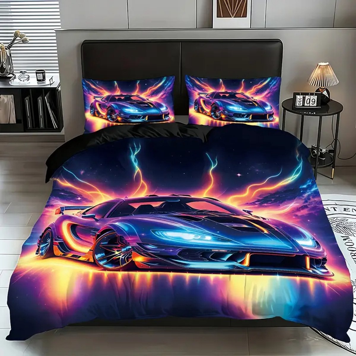 Eenpersoons Dekbedovertrek 140 x 200 - Auto - Neon Racer - Mooie Kwaliteit - Jongen