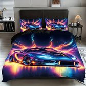 NICHIYOBI Hot Wheels Dekbedovertrek-beddengoedset, dekbedovertrek en kussensloop, microvezel, 3D digitale print, driedelig beddengoed (3, eenpersoonsbed 135 x 200 cm 80 x 80 cm