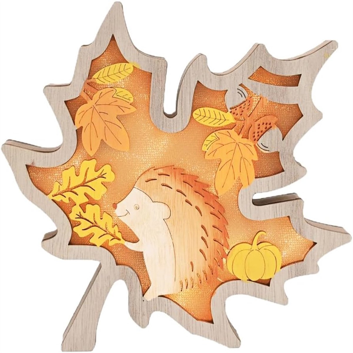 QTTVBTNA - Houten Herfst Tafellamp - LED Nachtlamp met Egel, Pompoen en Dennenappels Accenten - Decoratie voor Herfst en Halloween - Esdoornblad - 18x2.5x17.2cm - 1 stuk