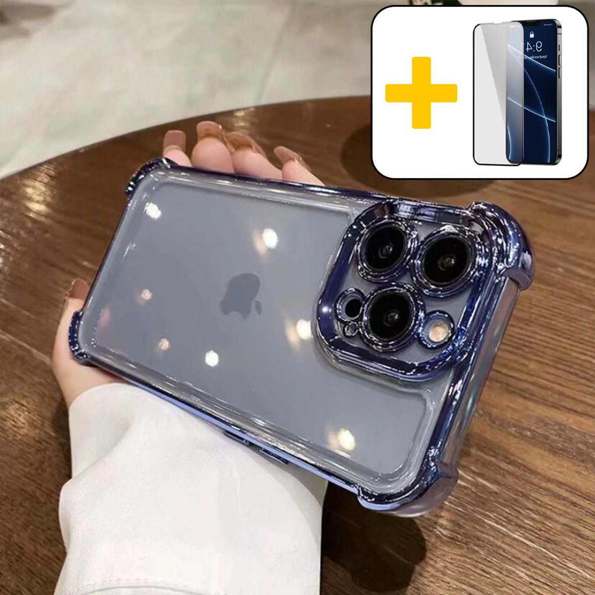 Bumper Hoesje voor iPhone 15 Pro, Schokabsorptie Transparante Case, Valbeveiliging Dunne Beschermhoes, Blauw - Screenprotector