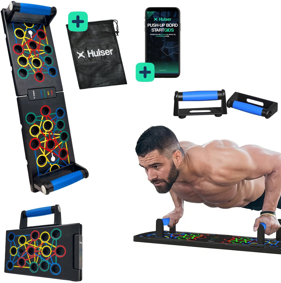Hulser Push up bord - 24 in 1 - Inklapbaar - Met startgids - Grips - Bars - Steun - Parallettes board - Fitness plank - Opdrukken trainingsbord - Thuis sporten - Home workout