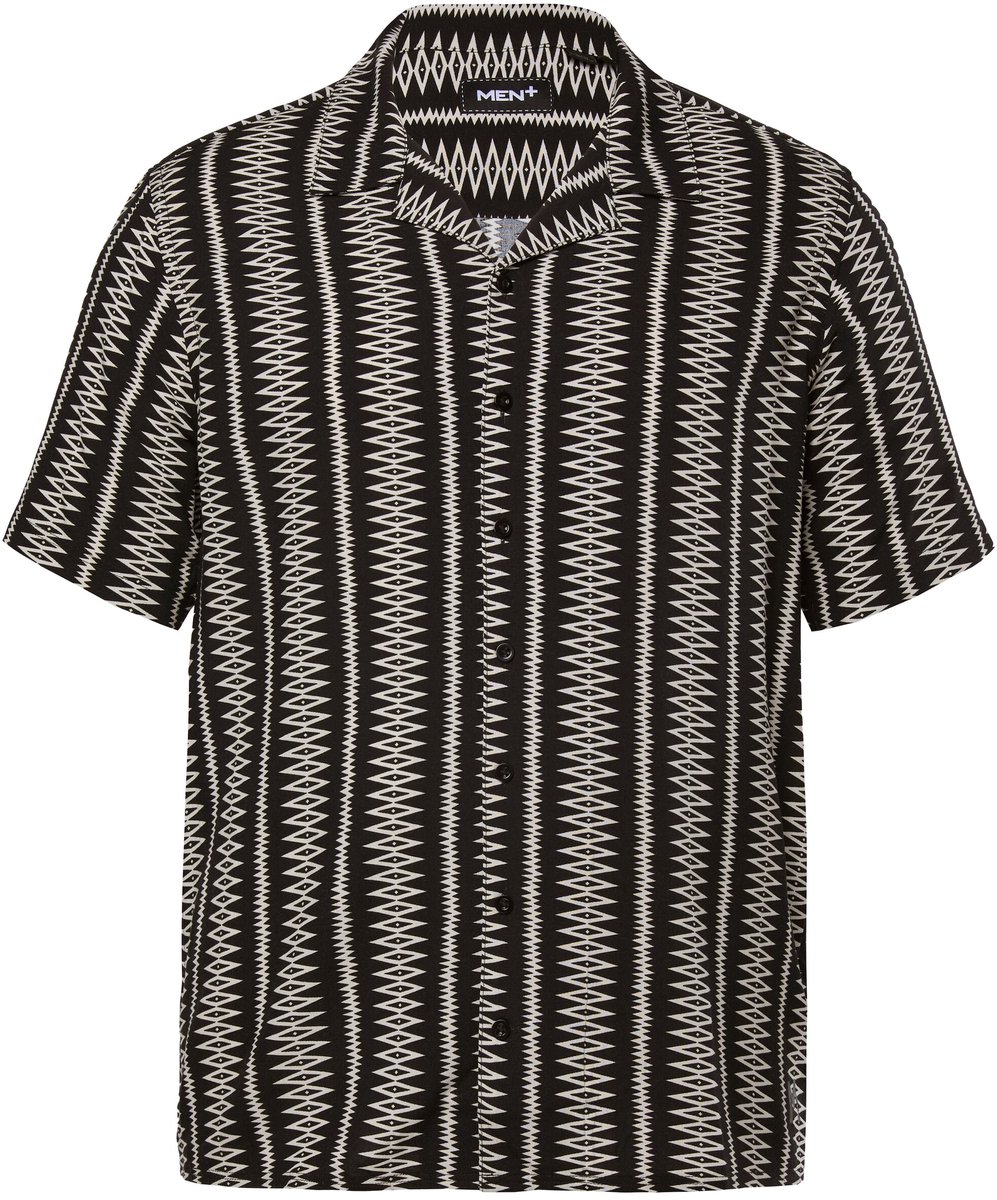 Men Plus - Heren - Viscose overhemd korte mouw all-over print Cubaanse kraag - Zwart - Maat 5XL