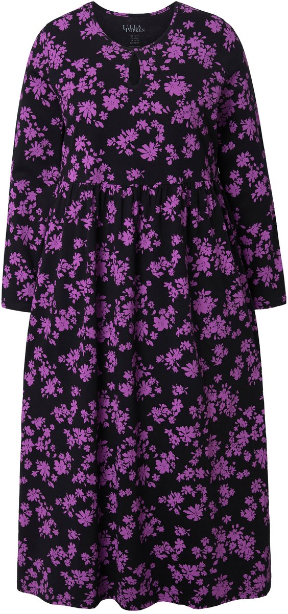 Ulla Popken Dames - Maxi-jurk bloemen A-lijn ronde hals lange mouw zakken - Paars - Maat 58+
