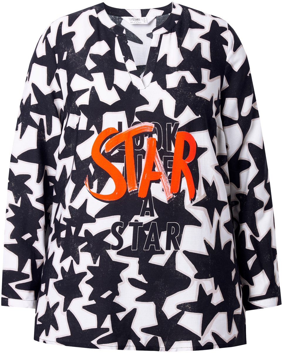Angel of Style - Dames - Tuniek sterrenpatroon tekst - Zwart - Maat 46