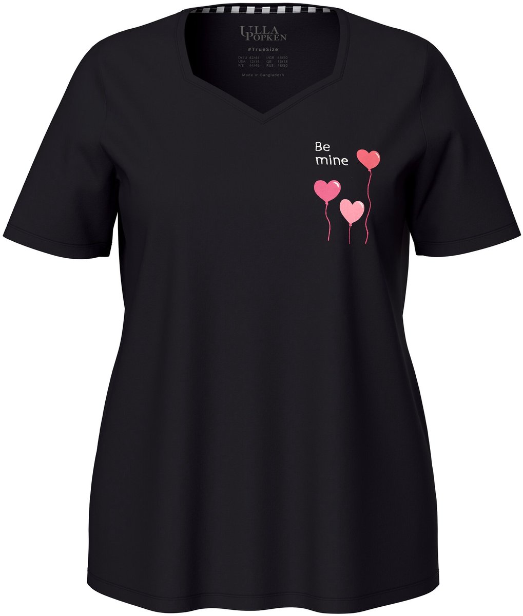 Ulla Popken - Dames - Pyjamashirt harten korte mouwen - Zwart - Maat 50+