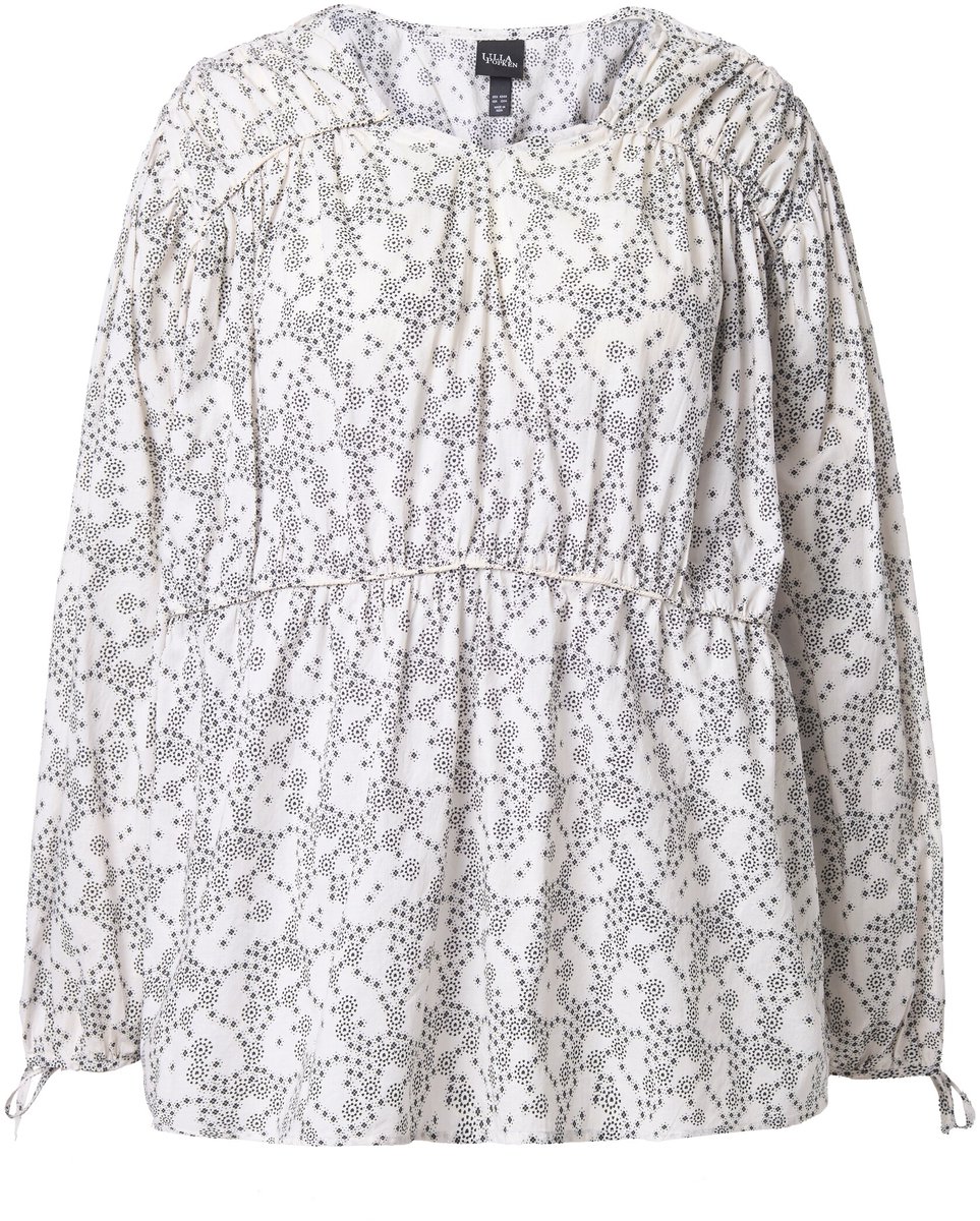 Ulla Popken - Dames - Blouse dwarslopende trekkoorden A-lijn V-hals lange mouwen - Off-white - Maat 46+