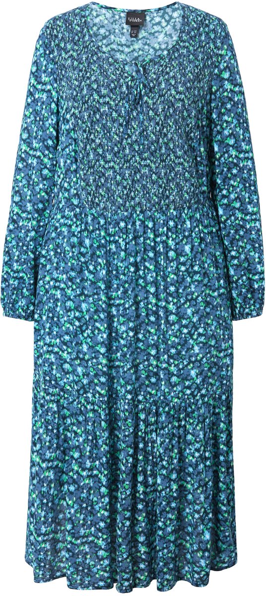 Ulla Popken Dames - Midi-jurk bloemen A-lijn ronde hals lange mouwen - Marine - Maat 54+