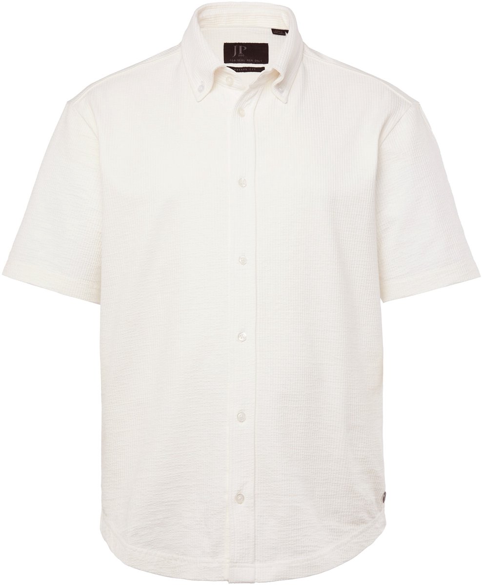 JP 1880 - Heren - Seersucker overhemd jerseystof halflange mouwen modern fit - Off-white - Maat XL