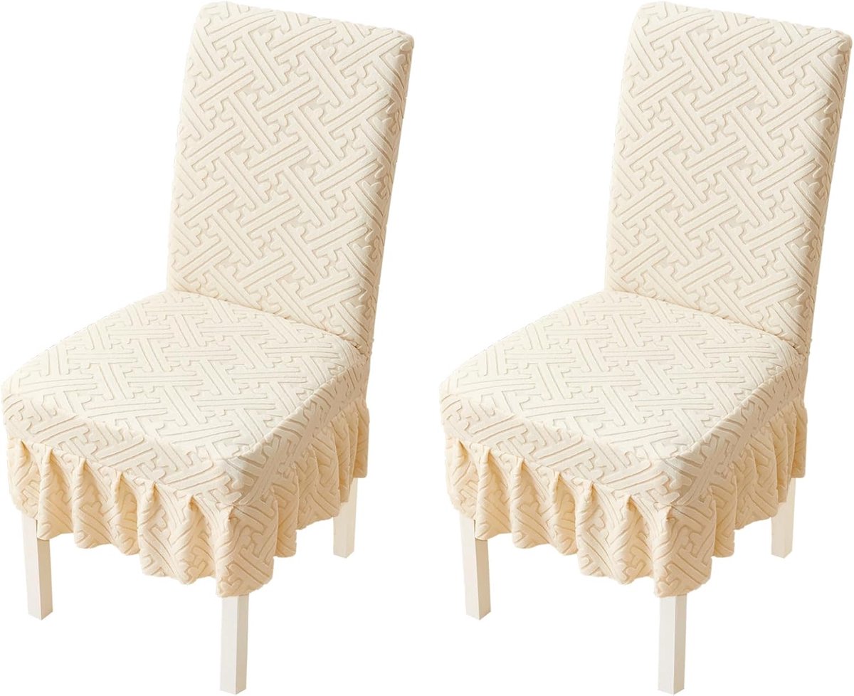 Daity 2-delige eetkamerstoelhoezenset - stretchstoelhoes met rok - wasbare stretchstoelhoes voor eetkamer - restaurant - feestzaal - gebroken wit