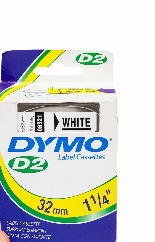 DYMO D2 labelcassette, wit, 32mm breed. Labelcassette met 'WHITE' en 'D2' logo's.