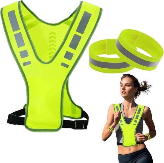 Gilet de sécurité réfléchissant pour adultes avec 2 bracelets et 2 bracelets de poignet - Équipement de course réfléchissant unisexe - Vert fluorescent - Taille ajustable - Pour le vélo et la marche