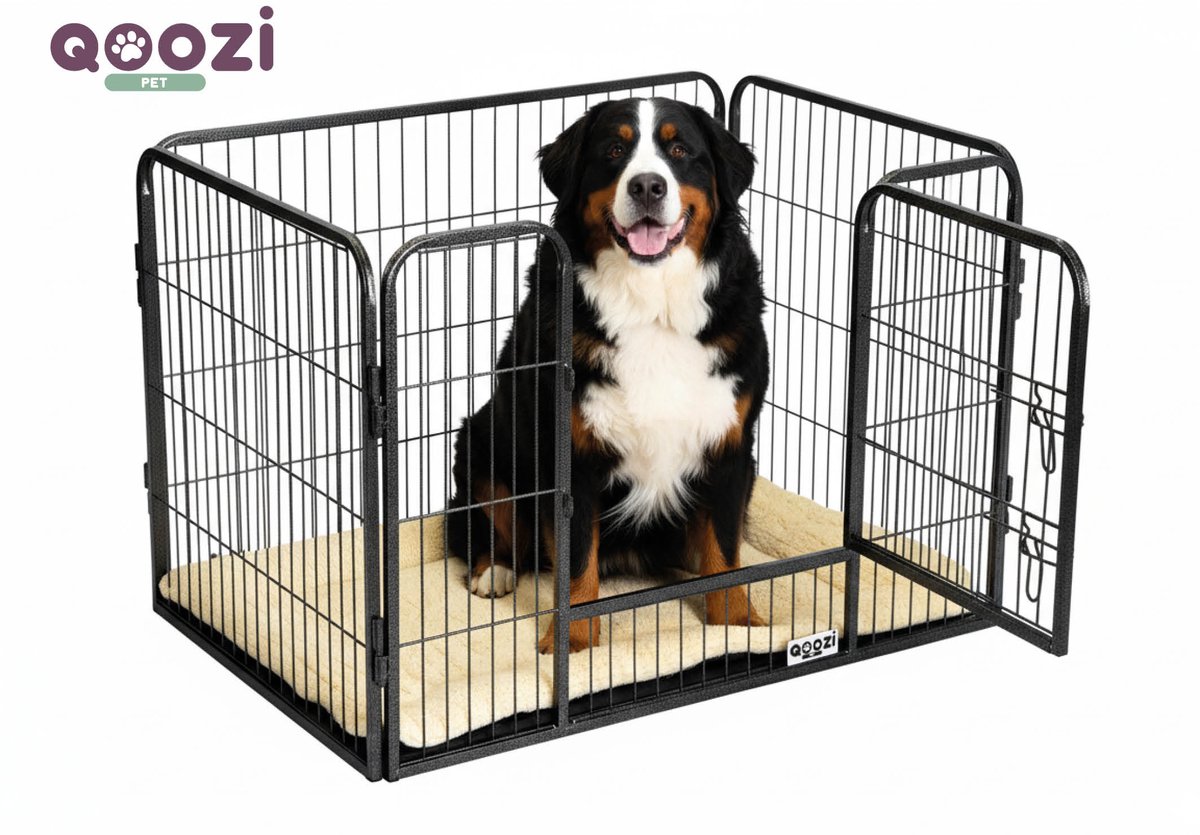 Qoozi Pet Hondenbench / Hondenren met 4 Panelen – 125x78x80 cm – Met 1 Deur & Inclusief Hondenkussen – Stevig 15 mm Stalen Frame – Opvouwbaar, Ruim & Veilig – QZ1121542
