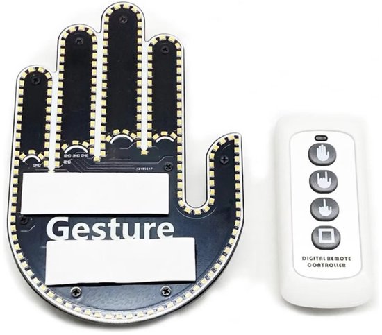 Zwarte LED-hand met 'Gesture'-tekst en witte afstandsbediening met hand-icoontjes
