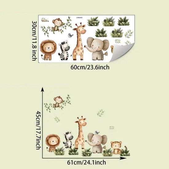 Muursticker 'Amis de la jungle' - PVC autocollant - 61x45cm - Lion - Zèbre - Zebra - Singe - Éléphant - Tigre - Animaux - Chambre de bébé - Chambre enfant - Garçon