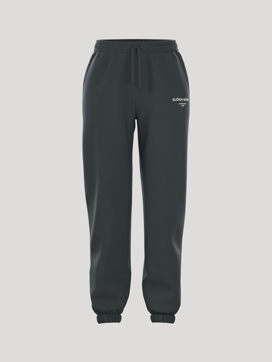 Zij-aanzicht van een donkergrijze joggingbroek met trekkoord en elastische enkelbanden.