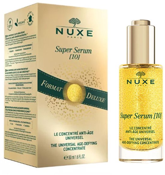 Nuxe Super Serum 50ml flesje met Deluxe verpakking ernaast.