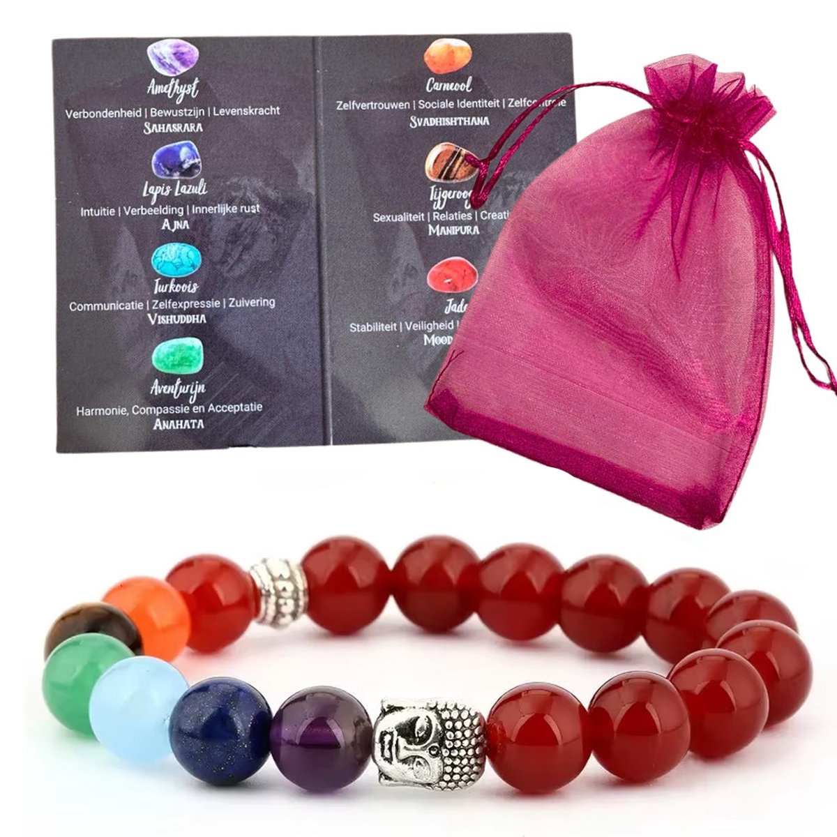 Armbandje met Rode Agaat Stenen, Boeddha en Chakra Edelstenen - 19CM - Dames Armband met stretch