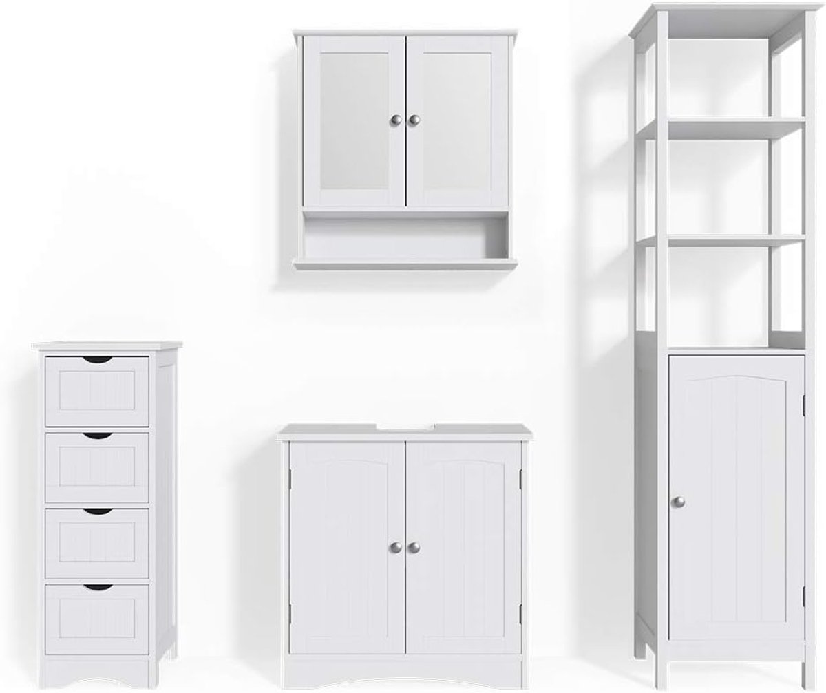 Luxe Badkamermeubelset “Bianco Elegance” – Wit MDF – Complete Set met Spiegelkast, Wastafelonderkast & Opbergkasten – Klassiek Design met Moderne Touch – 4-Delig Badkamermeubel