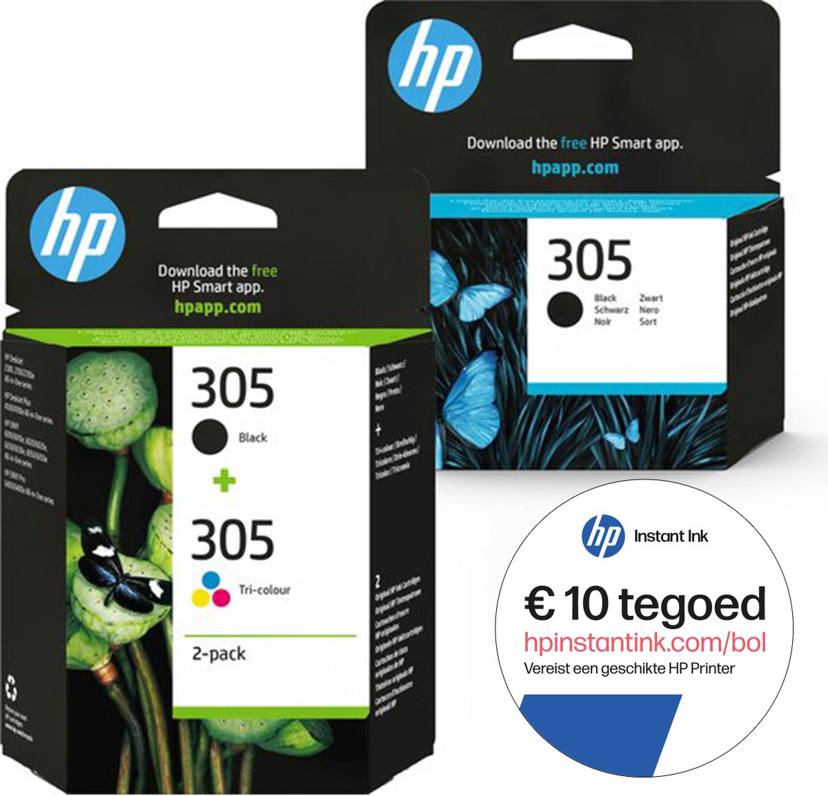 HP 305 - Inktcartridge kleur & 2x zwart (3-pack) + Instant Ink tegoed
