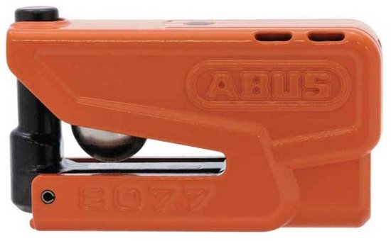 Oranje ABUS Granit™ Detecto Xplus™ 8077 schijfremvergrendeling met een zwarte activeringscilinder.