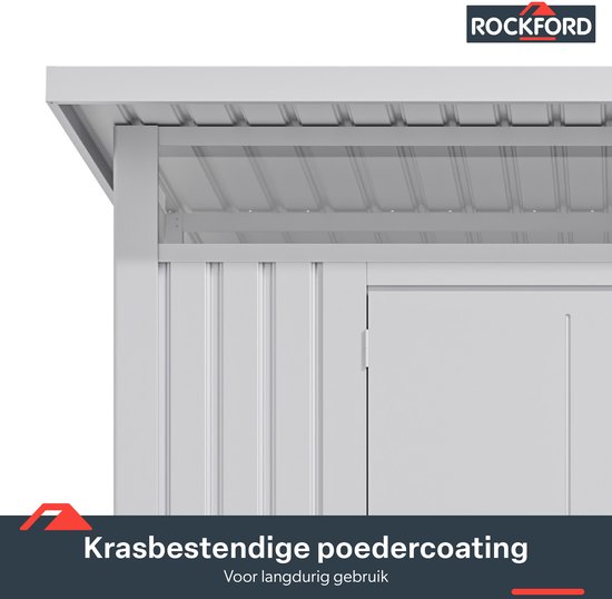 Rockford Porto 200 metalen tuinhuis met lessenaarsdak - Tuinschuur met centraal slot, polycarbonaat ramen en regenpijpen - 232 x 254 cm - Lichtgrijs