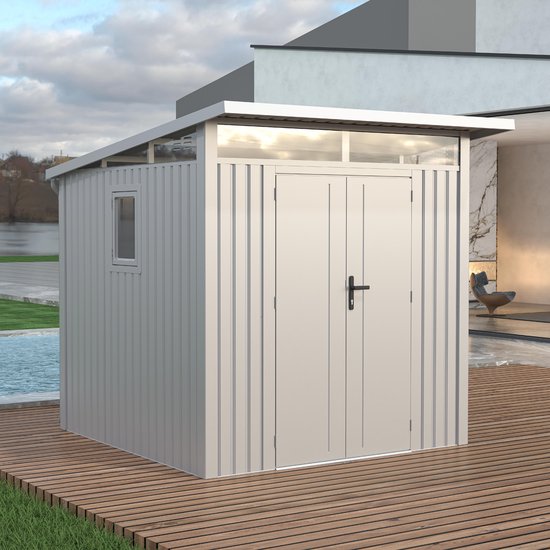 Rockford Porto 200 metalen tuinhuis met lessenaarsdak - Tuinschuur met centraal slot, polycarbonaat ramen en regenpijpen - 232 x 254 cm - Lichtgrijs