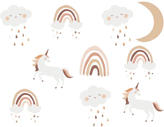 Licornes blanches, arcs-en-ciel, nuages avec des gouttes et lunes dans des couleurs pastel sur fond blanc.