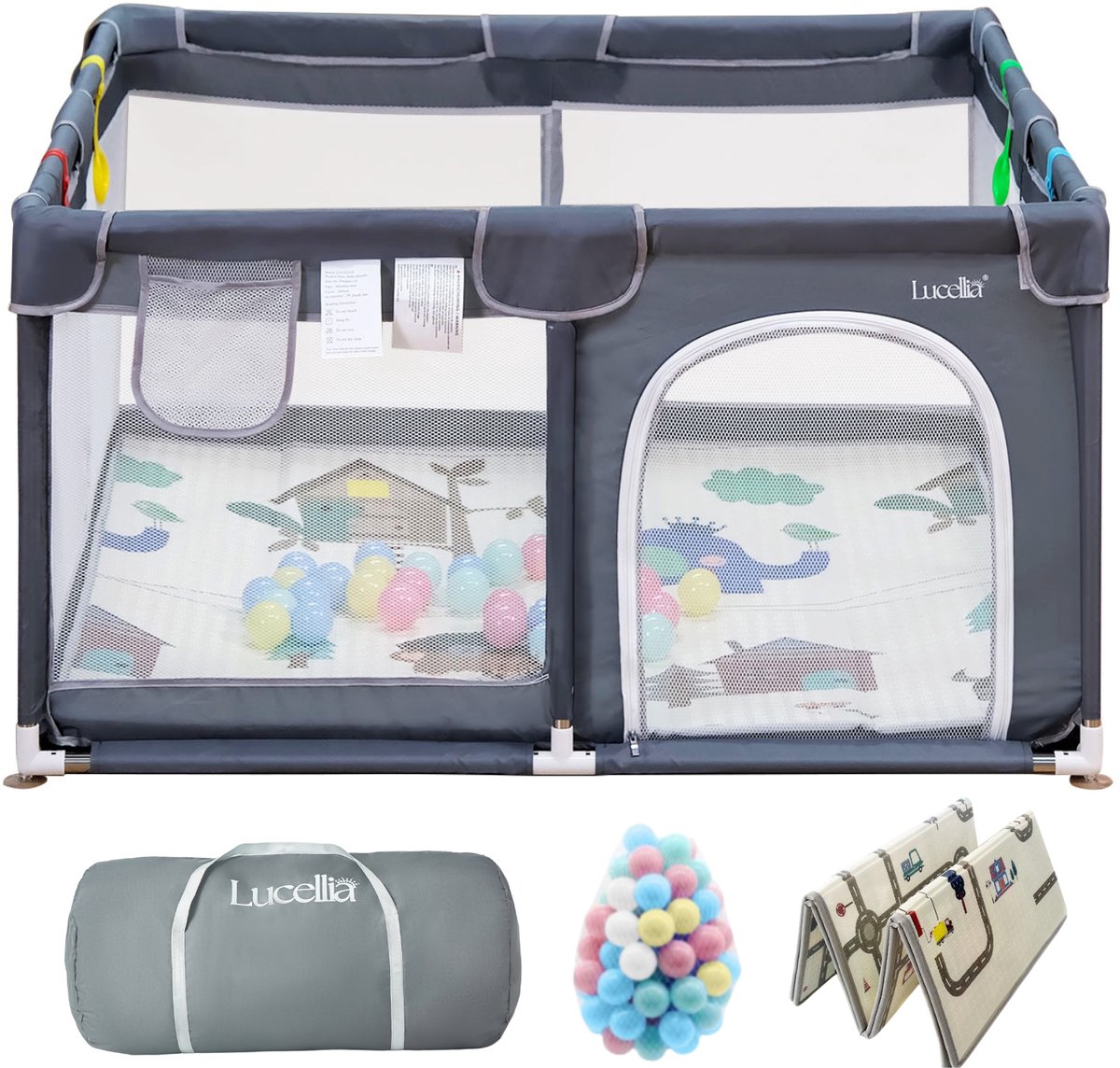Lucellia® Grondbox Baby - Speelbox & Kinderbox – Inclusief Dubbelzijdige Speelmat & 30 Ballen & 4 optrek handgrepen – Donker Grijs – 120x120x66 cm