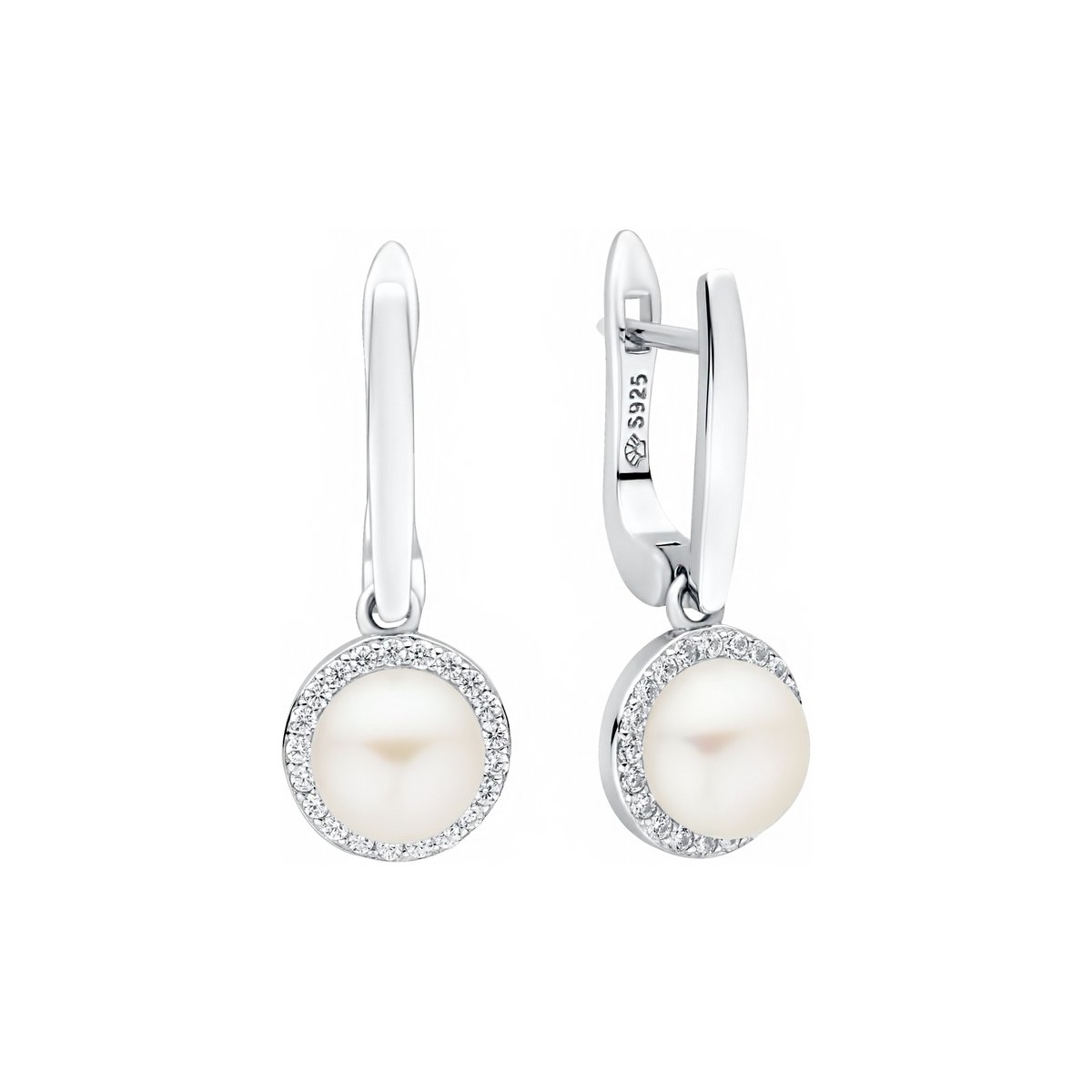 Gaura – Zilveren oorbellen met parel (7–7,5 mm) en zirkonia – 925 sterling zilver met rhodium afwerking – Engelse sluiting