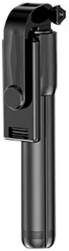 Zwarte, opvouwbare selfiestick met een knop.