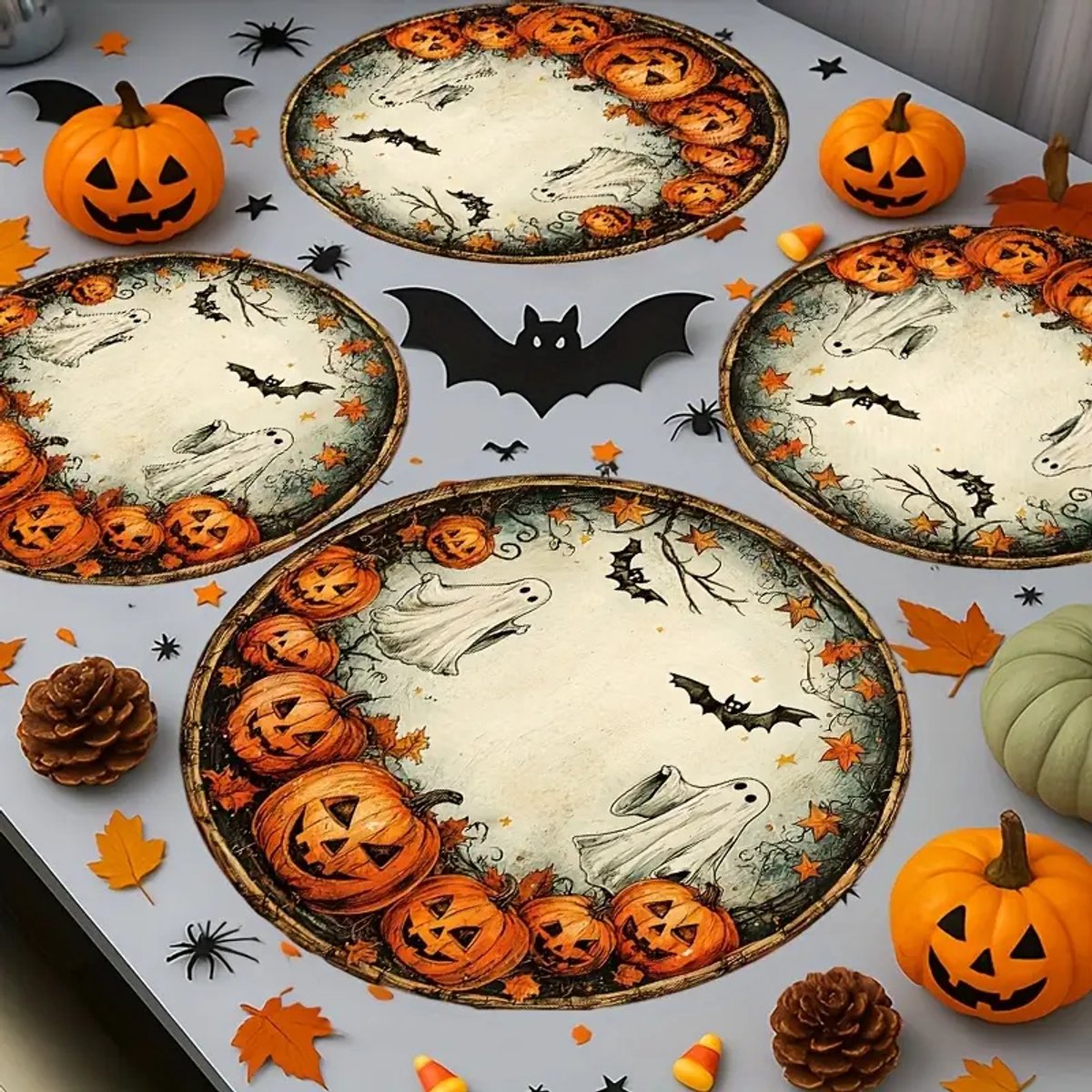 Image of 4 stuks Halloween Ronde Placemats Jack-O'-Lantern Vleermuis Herfst Tafelmatten 38,1 cm voor Feest Keuken Eetkamer Decoratie - T