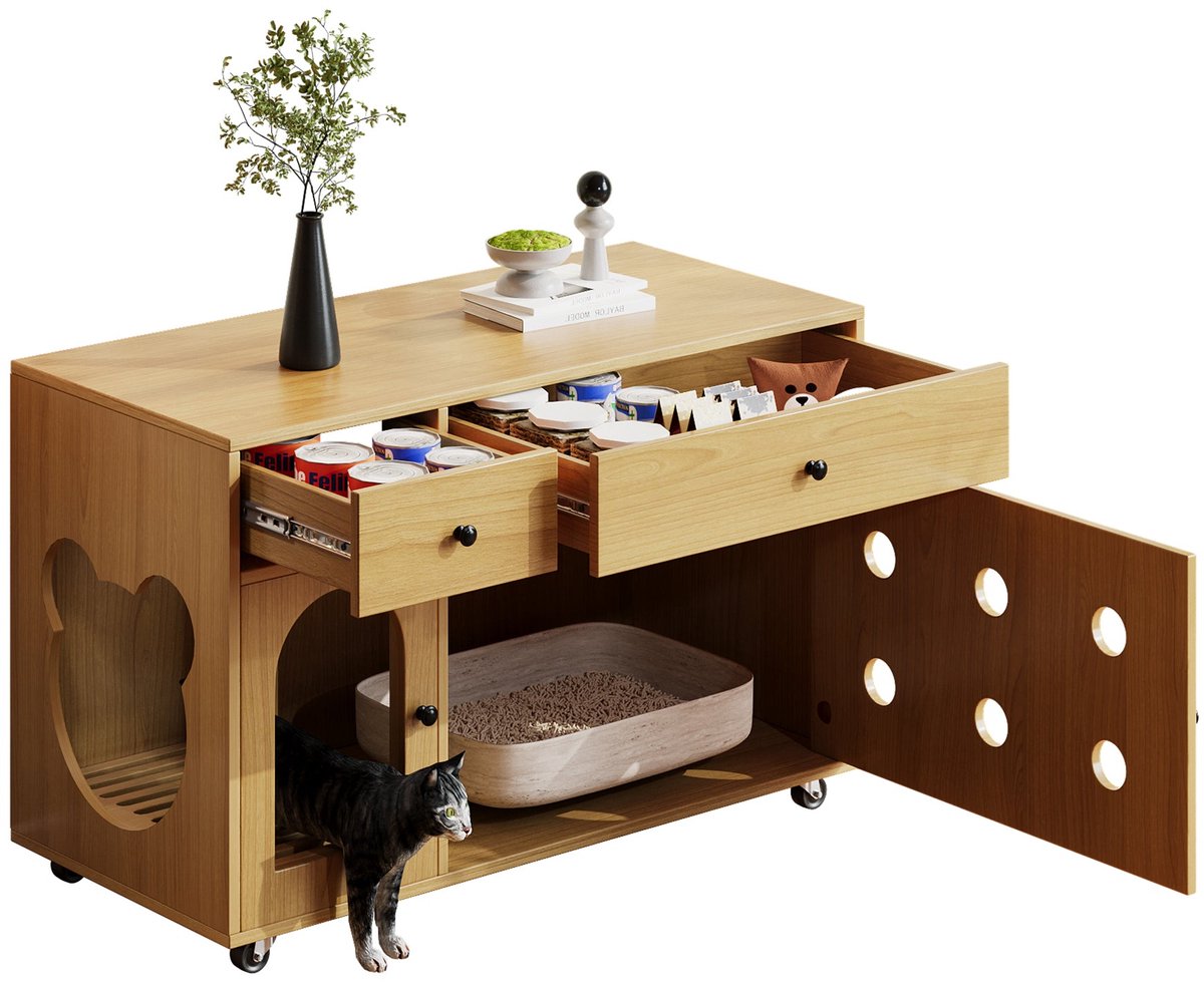 Merax Kattenbak Kast - Houten Kattenmeubel met Opberglades en Ventilatiegaten - Kattenhuis met Afneembare Zandplaat - 100×45×66 cm - Natuurlijke Houtkleur