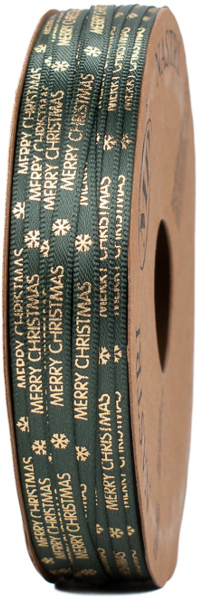 Kerstlint - Groen met gouden opdruk "Merry Christmas" - 4 mm breed - 25 meter lang - Smal decoratief lint