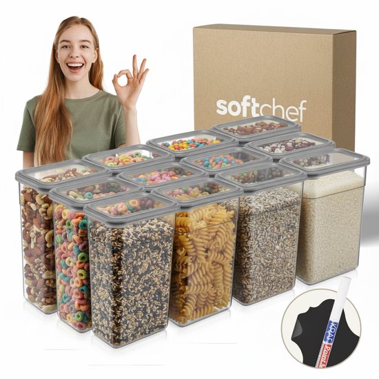 Soft Chef Soft Box 12-delige rechthoekige voedselbewaarset (12 × 3400 ml) – BPA-vrij, luchtdicht, stapelbaar – Inclusief labels & marker