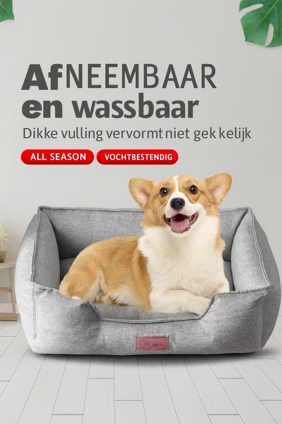 Lit pour chien gris lavable avec housse amovible, avec un corgi couché dedans. "TOUTE SAISON IMPERMÉABLE"