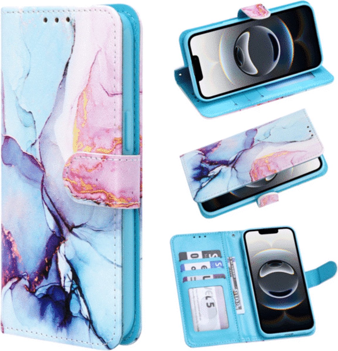 Casemania - Bookcase - iPhone 17 - Marmer Roze Blauw