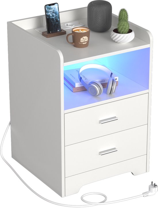 Nachtkastje Sofa-tafel met LED-verlichting, nachtkastje met oplaadstation, 2 laden voor slaapkamer, woonkamer Wit