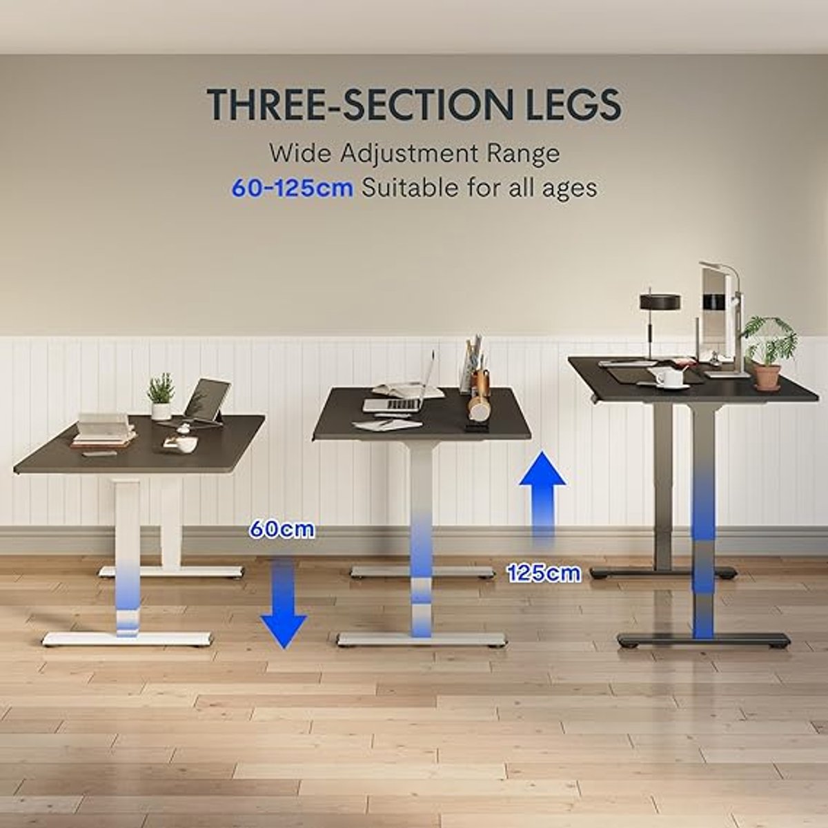 Elektrisch verstelbaar bureau Medahomestore – Staand bureau 140x80 cm met dubbele motor, 3-traps frame, 4 geheugenposities, 60-125 cm hoogte verstelbaar, modern grijs/zwart, ergonomisch bureau voor home office, werken, gamen