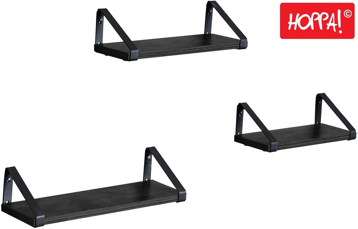 Hoppa! 3 Wandplanken - Zwart - Metaal - 40/35/30 x 12 x 11 cm (L x D x H)