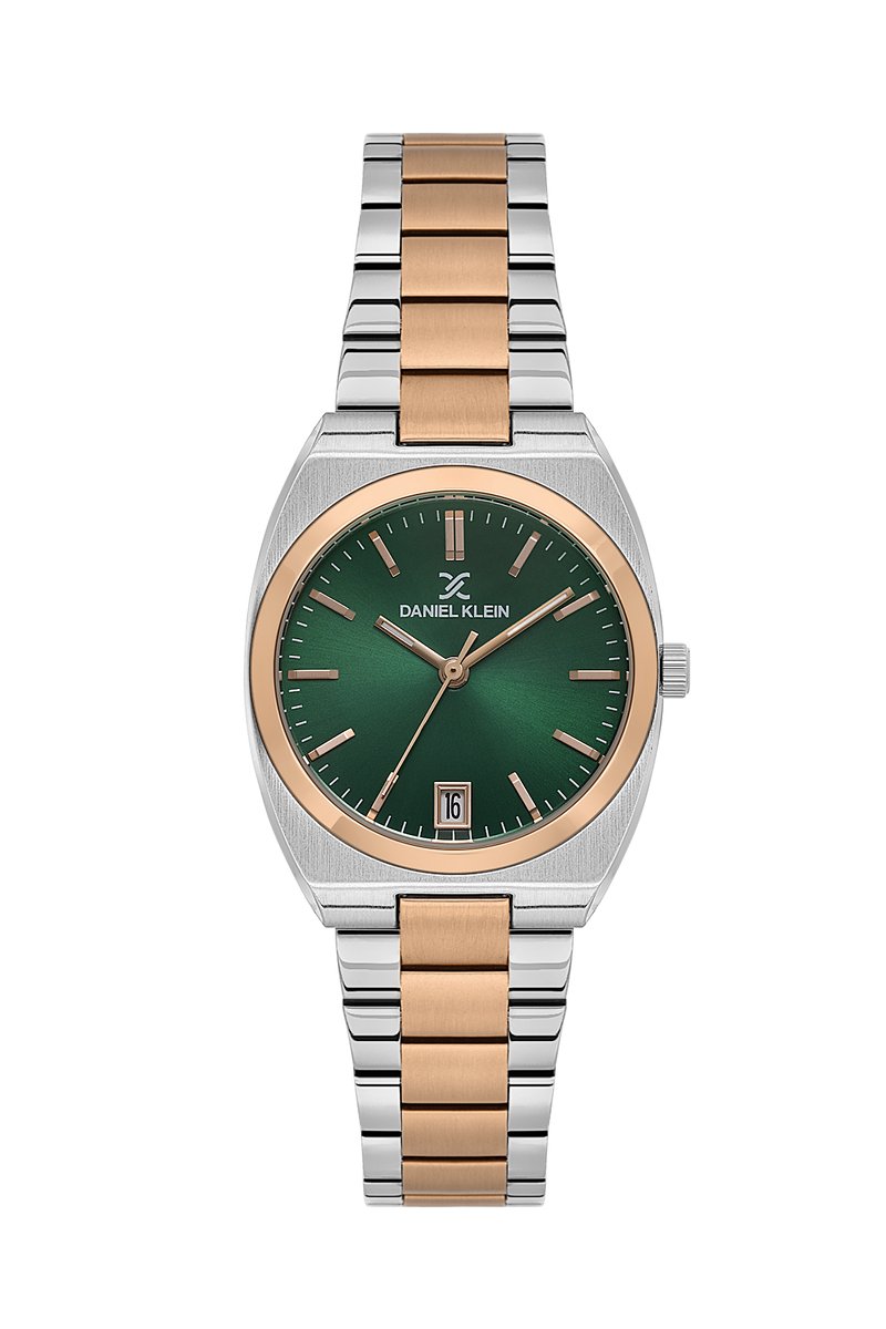 Daniel Klein DK.1.13960-2 - Horloge - Polshorloge - Analoog - Dames - Vrouwen - Vierkant - Rond - Stalen band - Metaal - Strepen - Datumaanduiding - Zilverkleurig - Rosékleurig - Donkergroen - Wit - Zwart