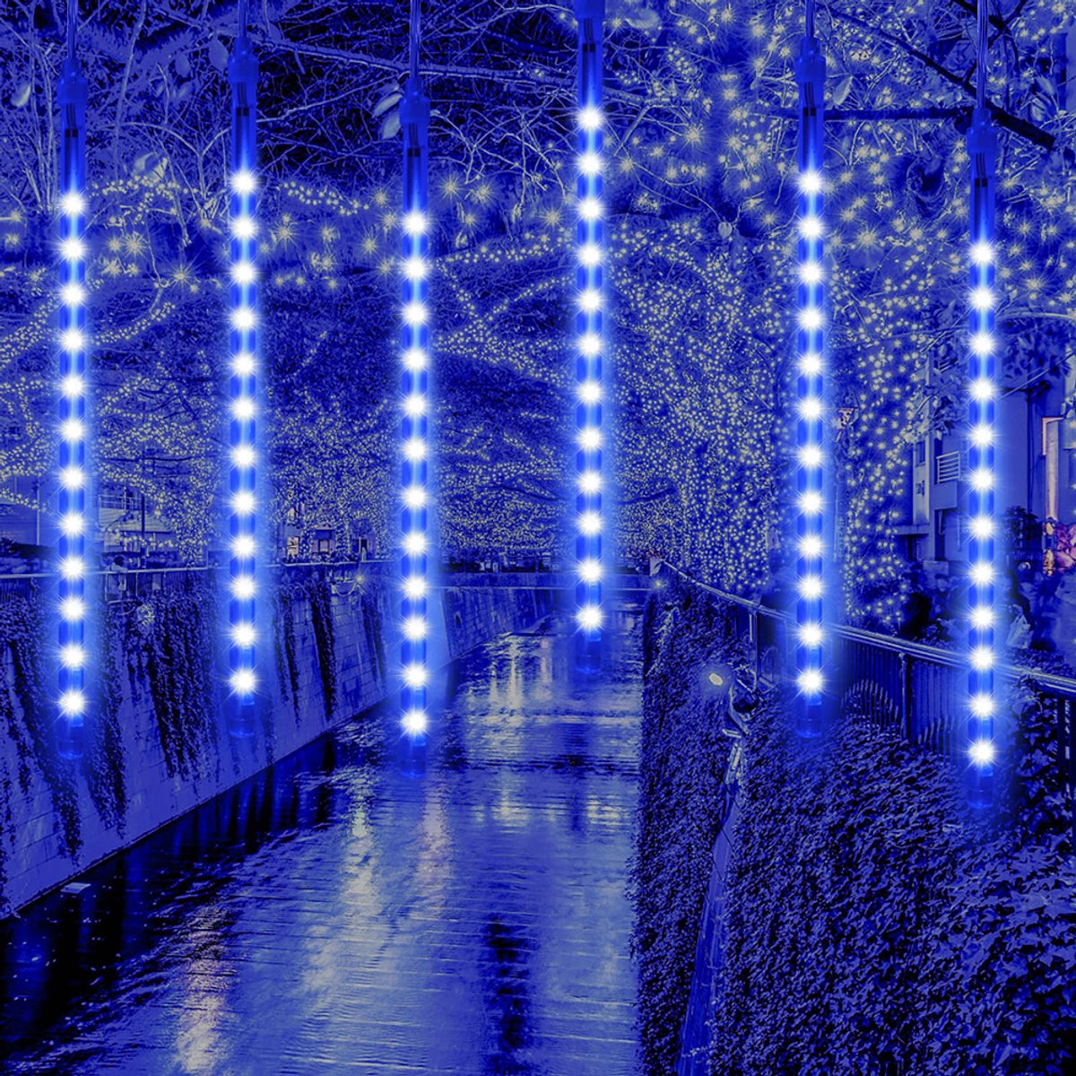 Rosnek Kerstverlichting Meteorenregen - Lichtgordijn 50CM Blauw - 288 LEDs, 8 Buizen, 4M - IP65 Waterdicht & Koppelbaar - Voor Feest, Bruiloft en Tuin