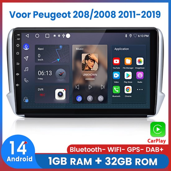 Autoradio Awesafe - Compatible avec Peugeot 208/2008 (2011 à 2019) - Apple Carplay et Android Auto (sans fil) - Android 14.0 - 1+32 Go - Écran tactile - Navigation GPS - 2012, 2013, 2014, 2015, 2016, 2017, 2018