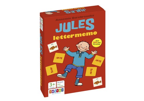 Rode doos van Jules letter memory spel met jongen en visafbeeldingen. Tekst 'leer beter taal & lezen'.