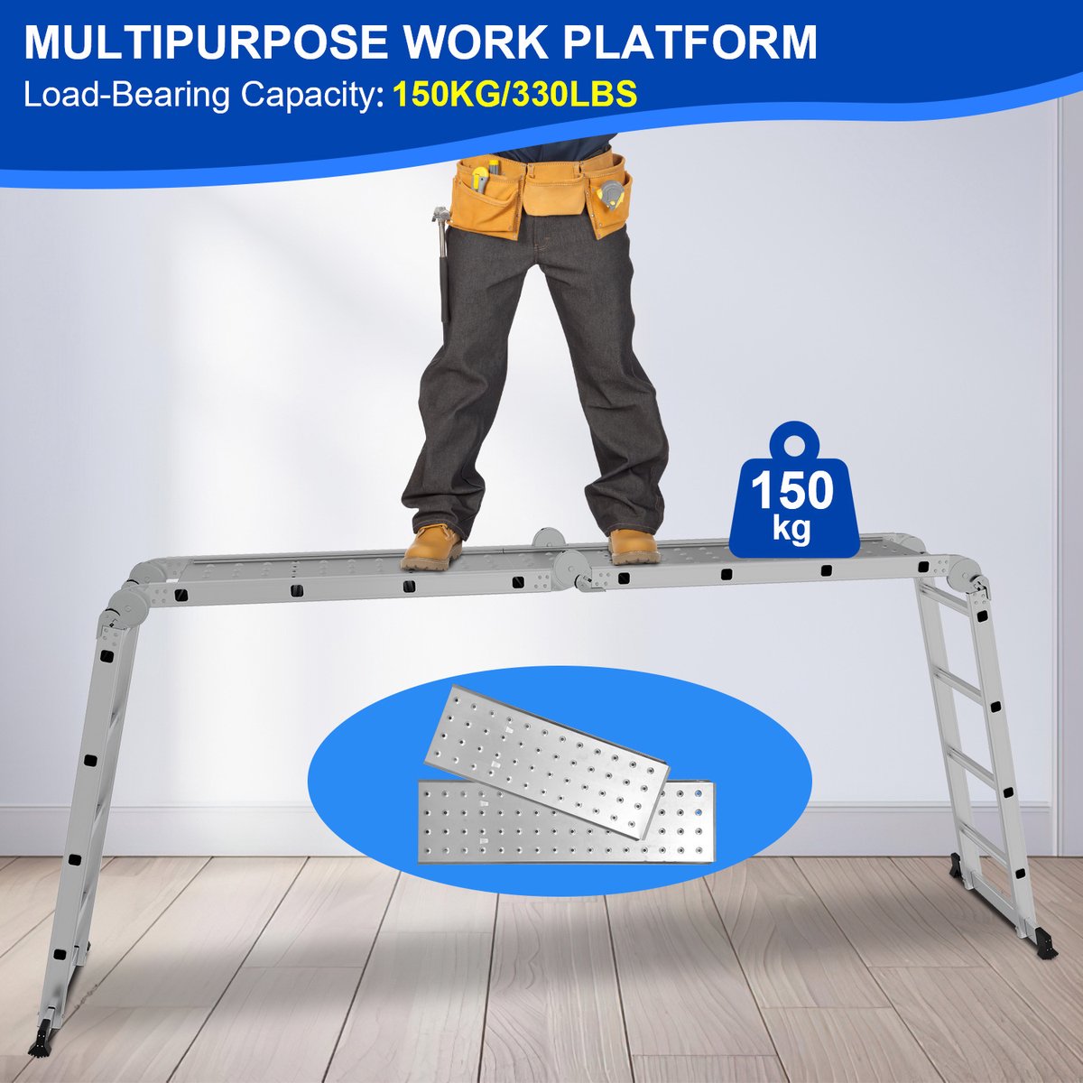 Multifunctionele vouwladder 6 in 1 - 4.7M Vouwladder 4 x 4 treden met platform - Aluminium Ladder, Mobiele Multifunctionele Ladder met Werkplatform, Stelling, Aluminium Rolsteiger, Huishoudladder, Draagvermogen tot 150 kg - Zilver – foto 3