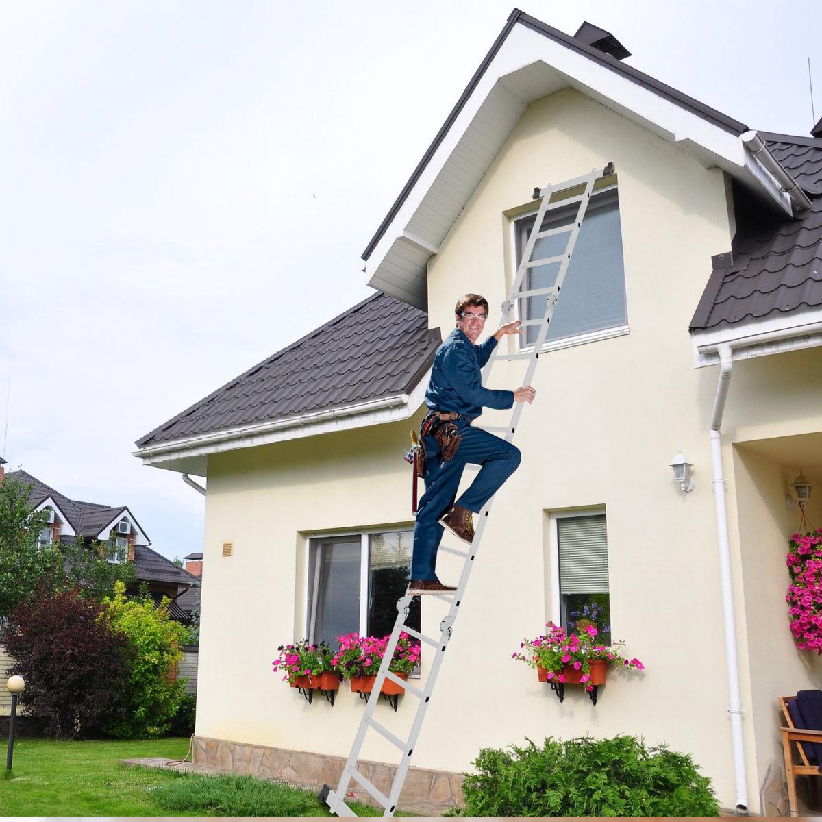 Multifunctionele vouwladder 6 in 1 - 4.7M Vouwladder 4 x 4 treden met platform - Aluminium Ladder, Mobiele Multifunctionele Ladder met Werkplatform, Stelling, Aluminium Rolsteiger, Huishoudladder, Draagvermogen tot 150 kg - Zilver – foto 6