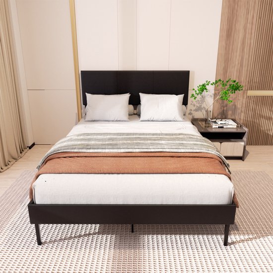 Cadre de lit pour adulte/adolescent, lit double 120x200 cm avec tête de lit, sommier à lattes en bois Massief , charge maximale 350 kg - noir