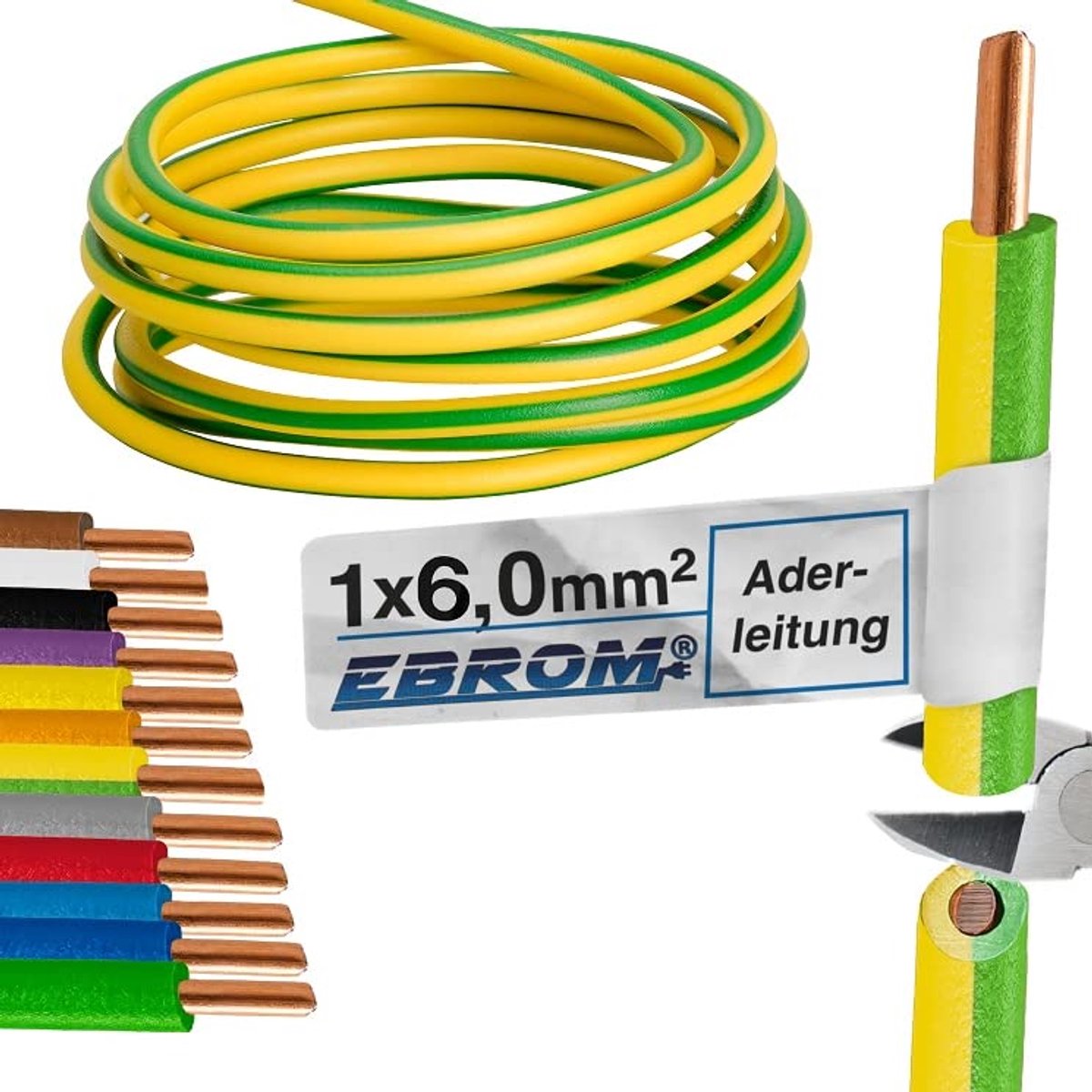 Aardingskabel 6 mm² groen/geel H07V-U - Verkrijgbaar in diverse lengtes van 5 tot 150 meter