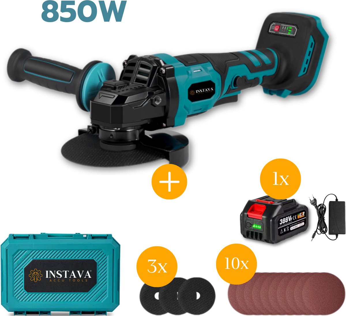 Instava Accu Haakse Slijper 125mm – 850W – 1x 4.0Ah Accu & Lader – Makita LXT 18V Compatibel – Koffer & Slijpschijven