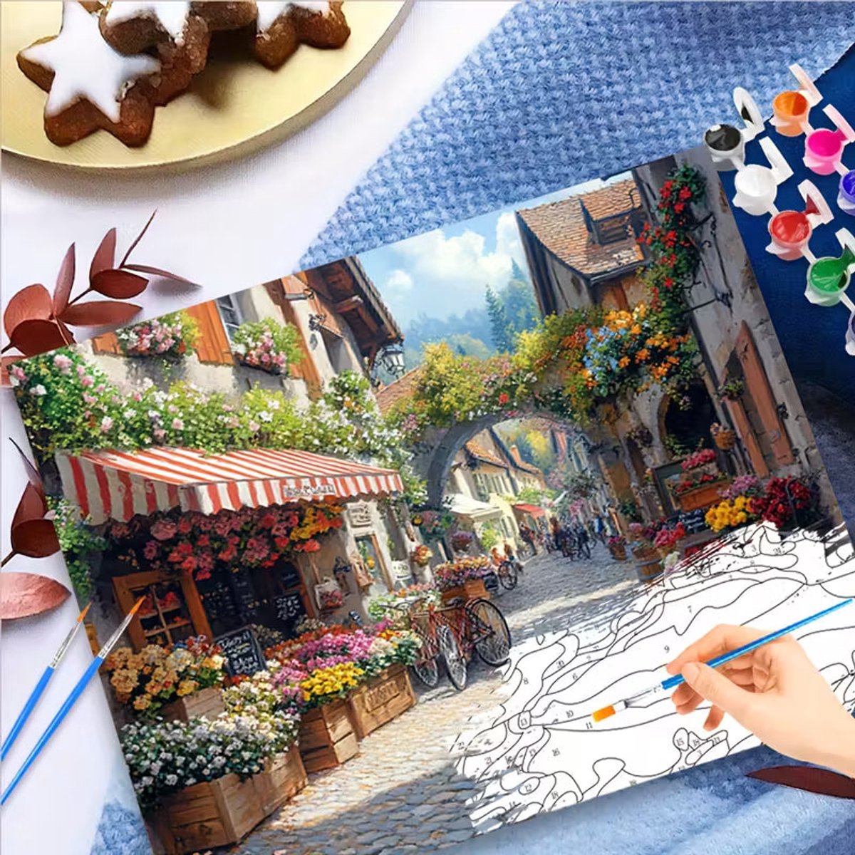 Paint by numbers Volwassenen– schilderen op nummer – Creatieve hobby - Ontspanning Thuis - Cadeau idee - Compleet pakket - DIY decoratie - Bloemen - Dorp - Blooming Village — afbeelding 3