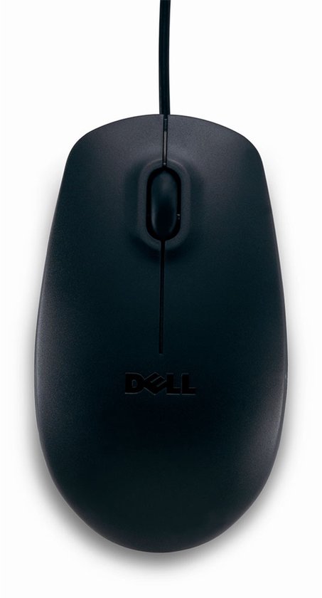 Souris optique Dell noire filaire, vue de dessus, avec logo Dell.